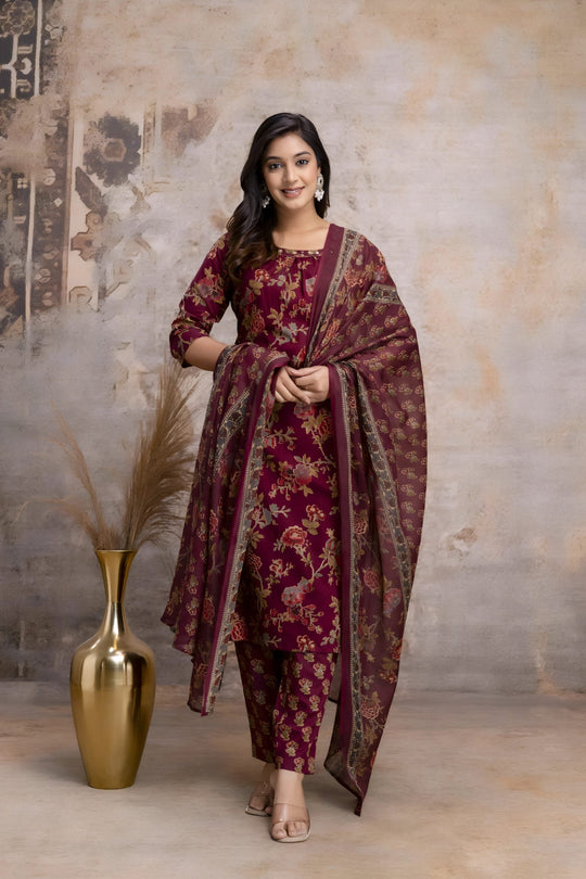 Maroon Floral Jaipuri Print Salwar Set