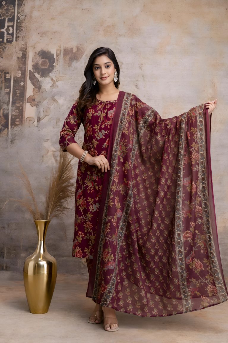 Maroon Floral Jaipuri Print Salwar Set