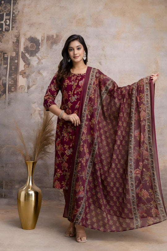 Maroon Floral Jaipuri Print Salwar Set