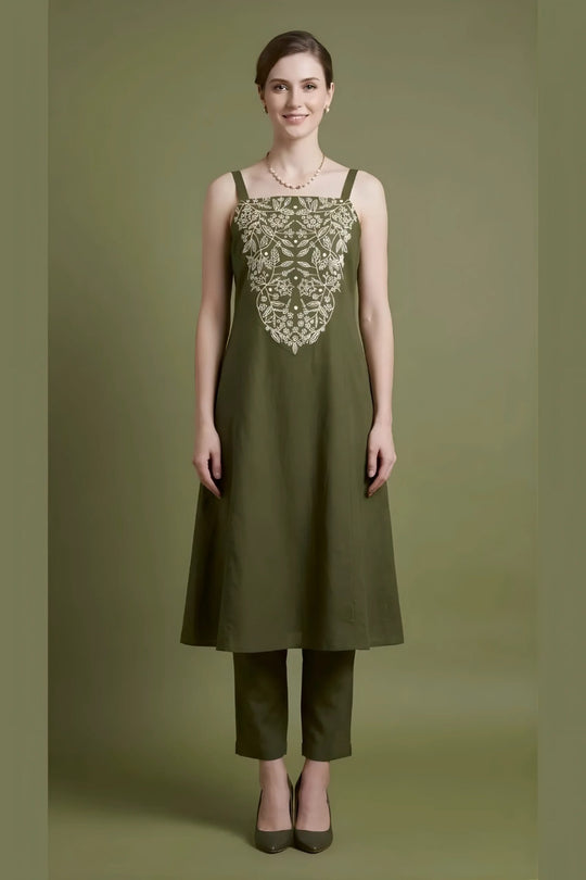 Olive Green Embroidered Kurta Set