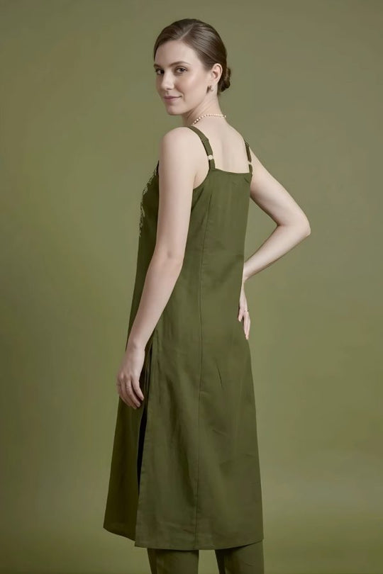 Olive Green Embroidered Kurta Set