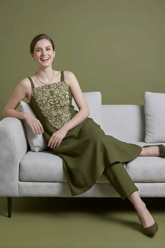 Olive Green Embroidered Kurta Set
