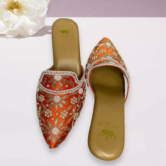 Orange Embroidered Back Open Mule Heels