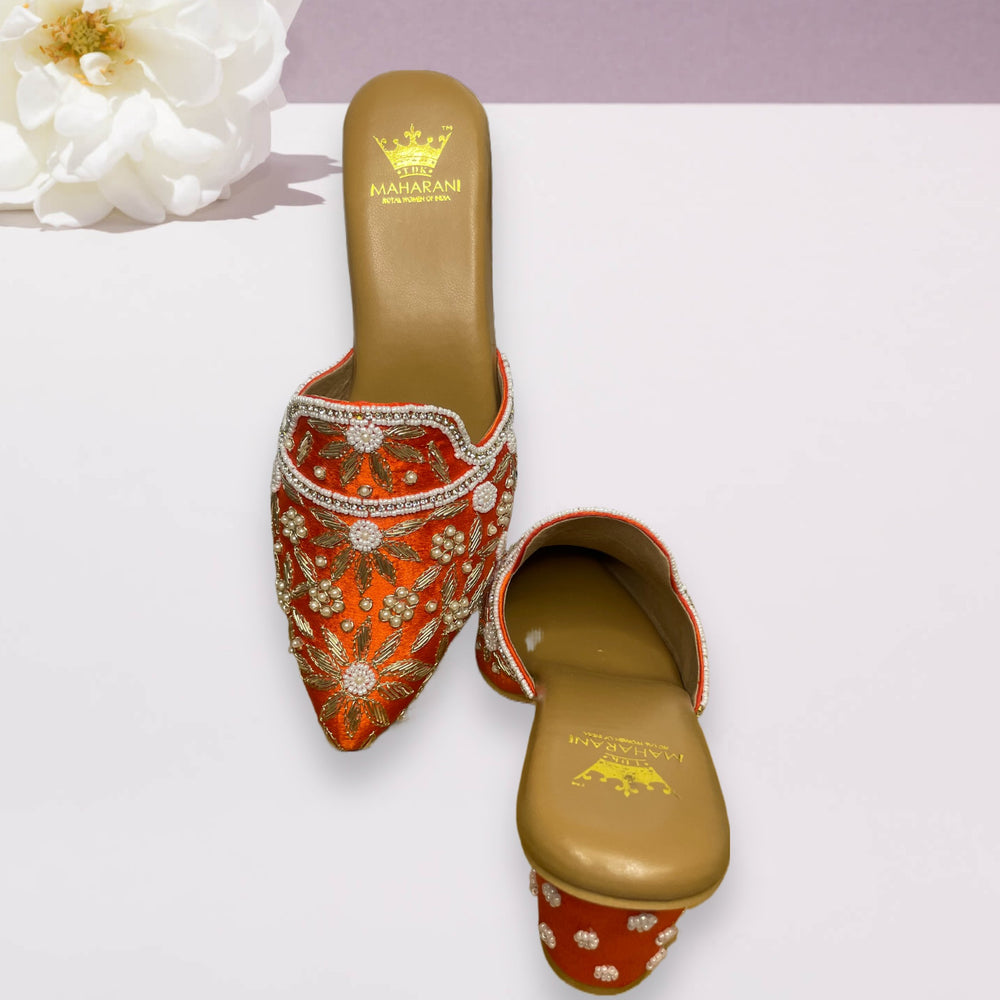 Orange Embroidered Back Open Mule Heels