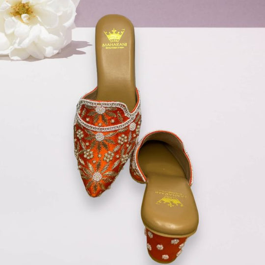 Orange Embroidered Back Open Mule Heels