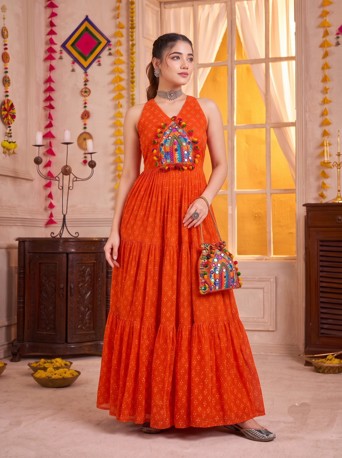 Orange Georgette Gown with Multicolour Mirror & Embroidery Work