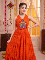Orange Georgette Gown with Multicolour Mirror & Embroidery Work