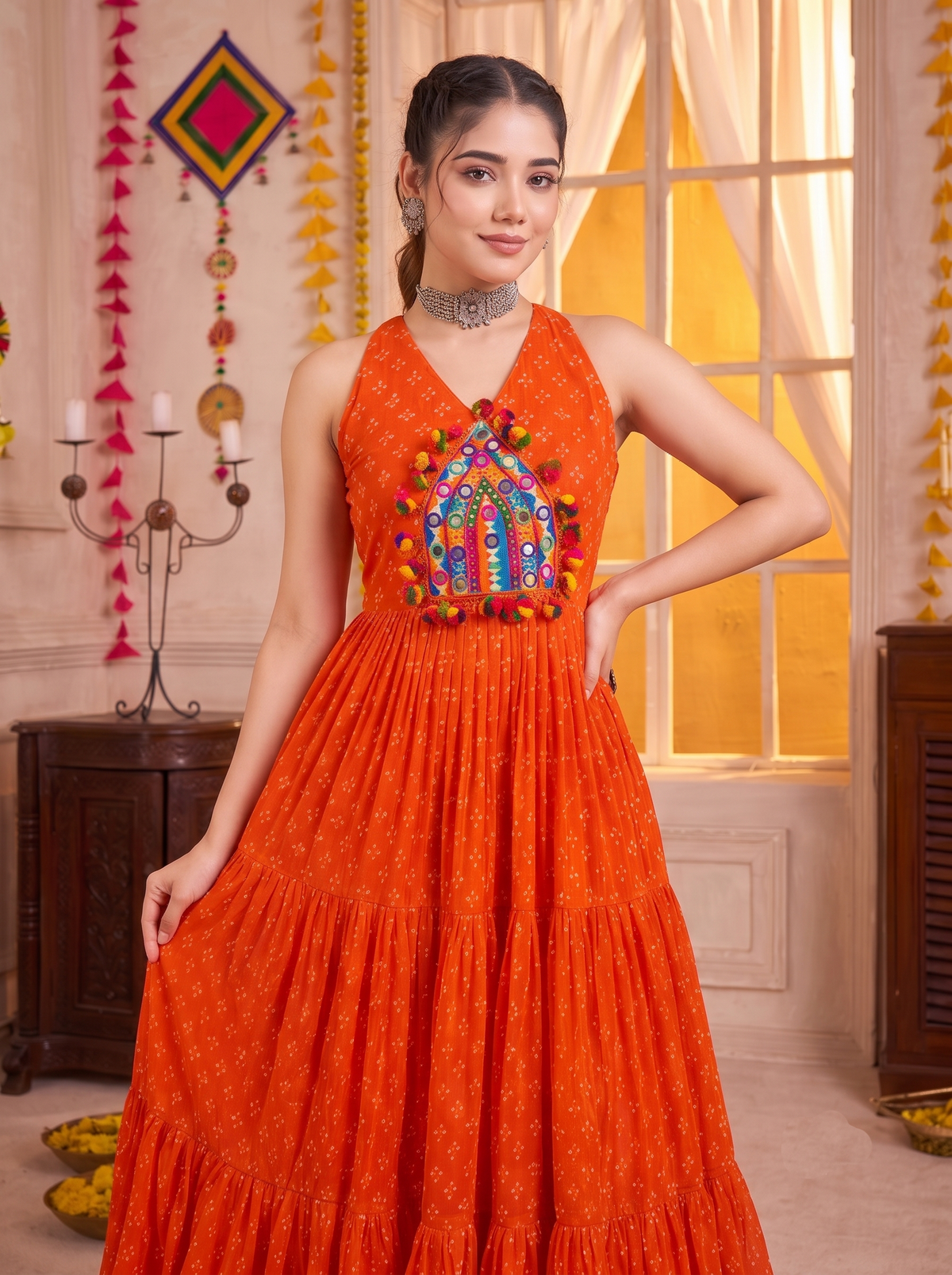 Orange Georgette Gown with Multicolour Mirror & Embroidery Work