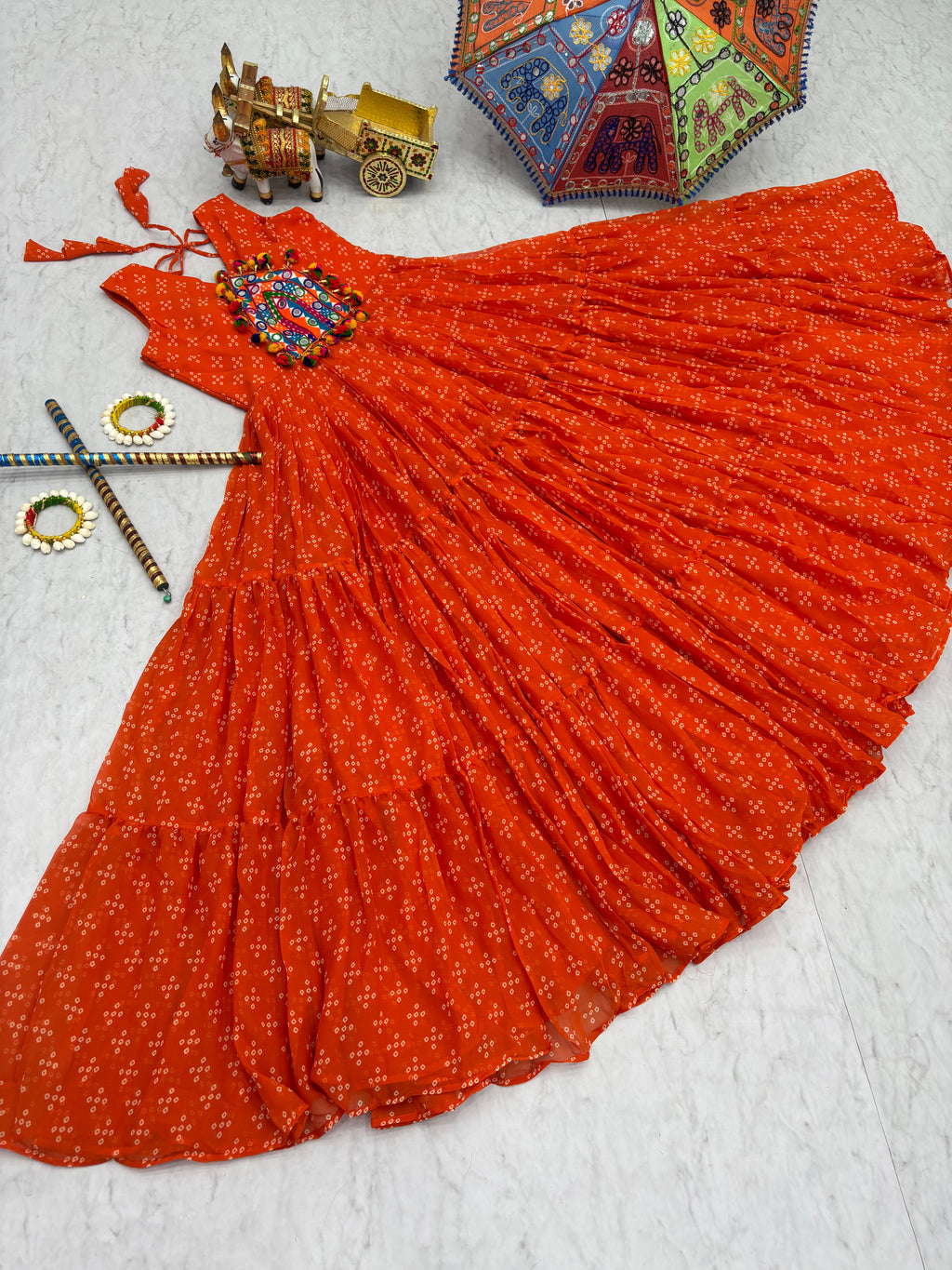 Orange Georgette Gown with Multicolour Mirror & Embroidery Work