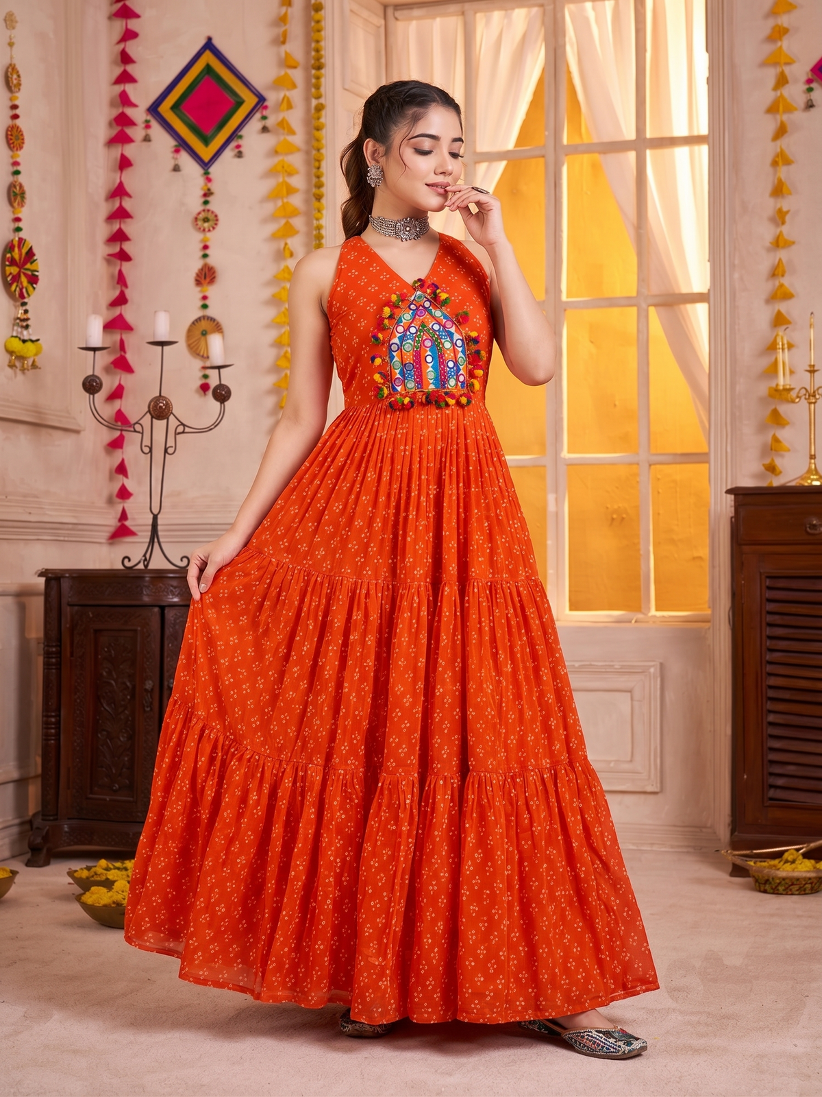 Orange Georgette Gown with Multicolour Mirror & Embroidery Work