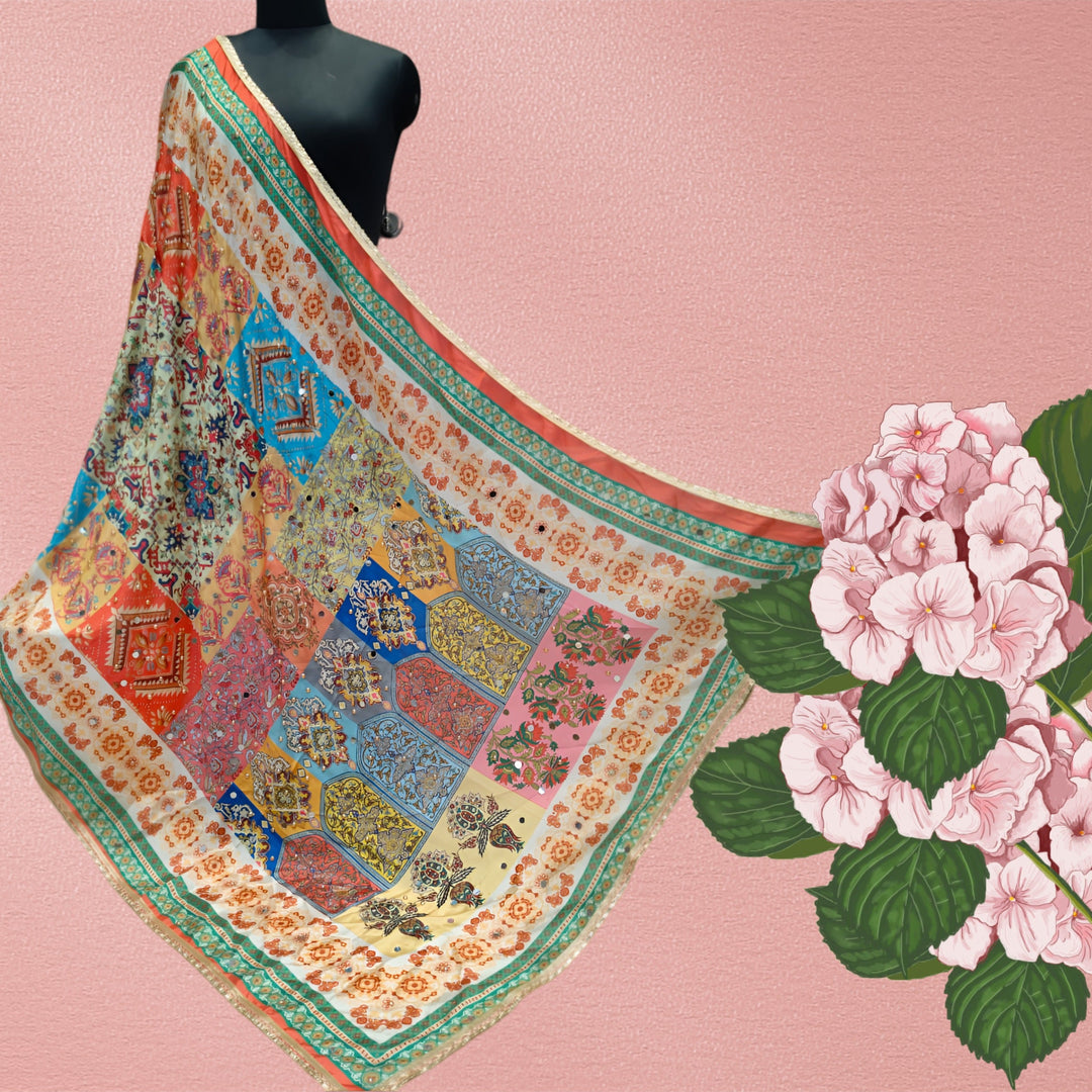 Multicoloured Mirror, Pearl & Print Work Pakistani Silk Dupatta