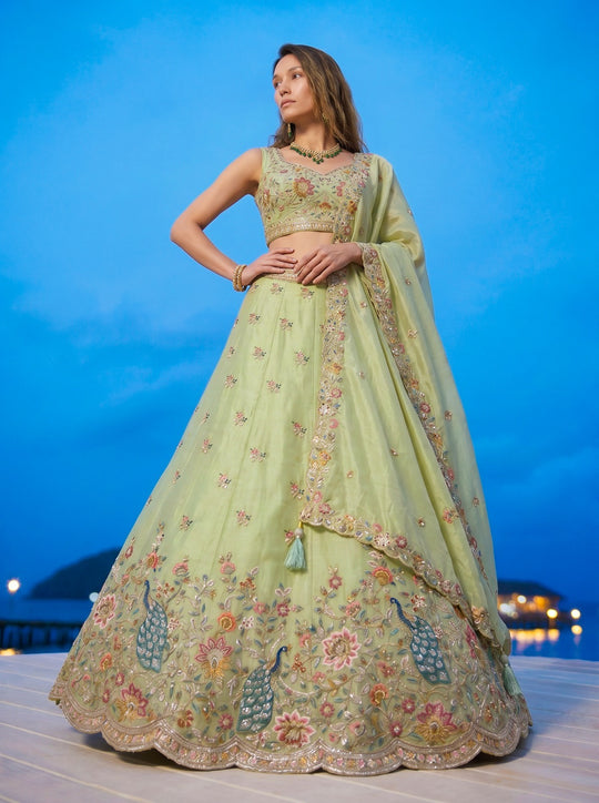 Pastel Green Zarkan Work with Multi Thread Embroidery Lehenga