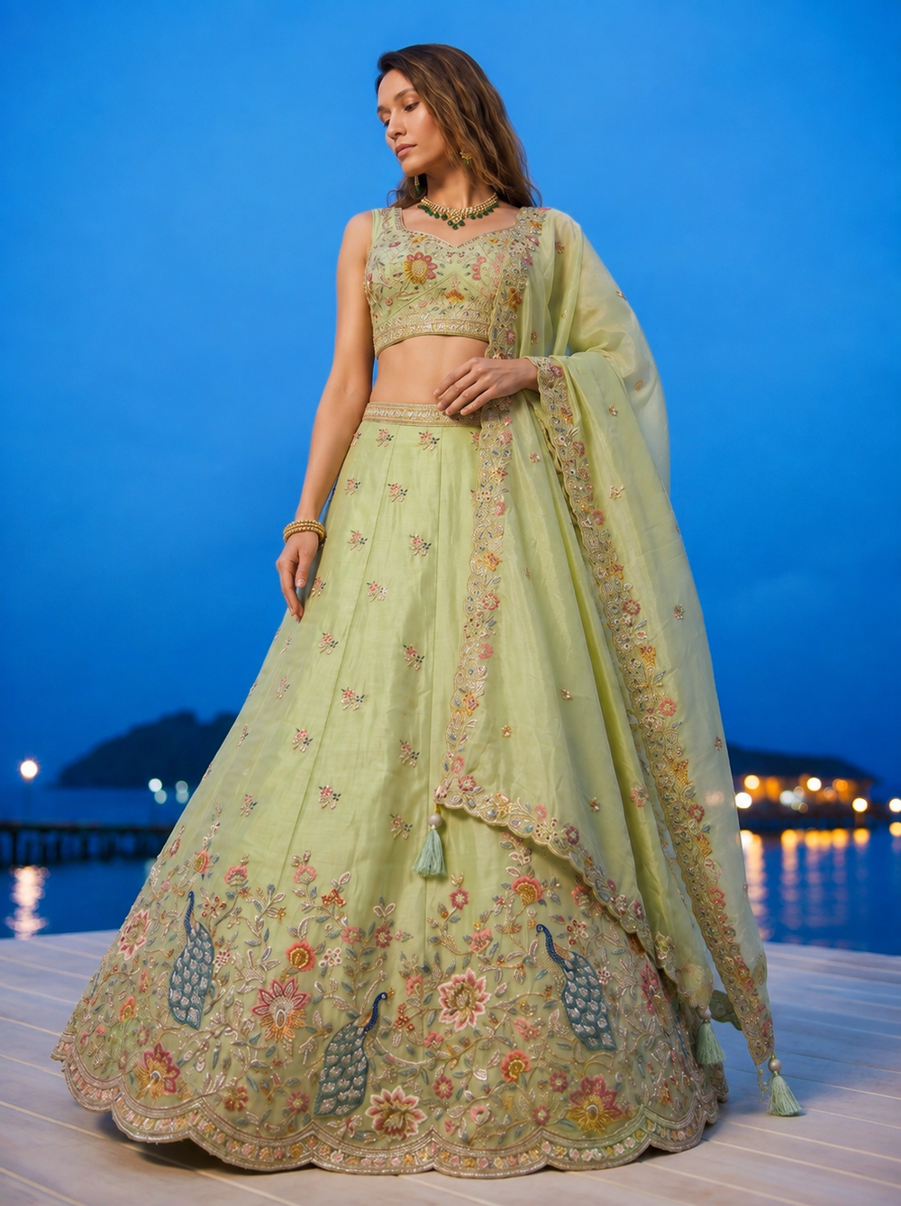 Pastel Green Zarkan Work with Multi Thread Embroidery Lehenga