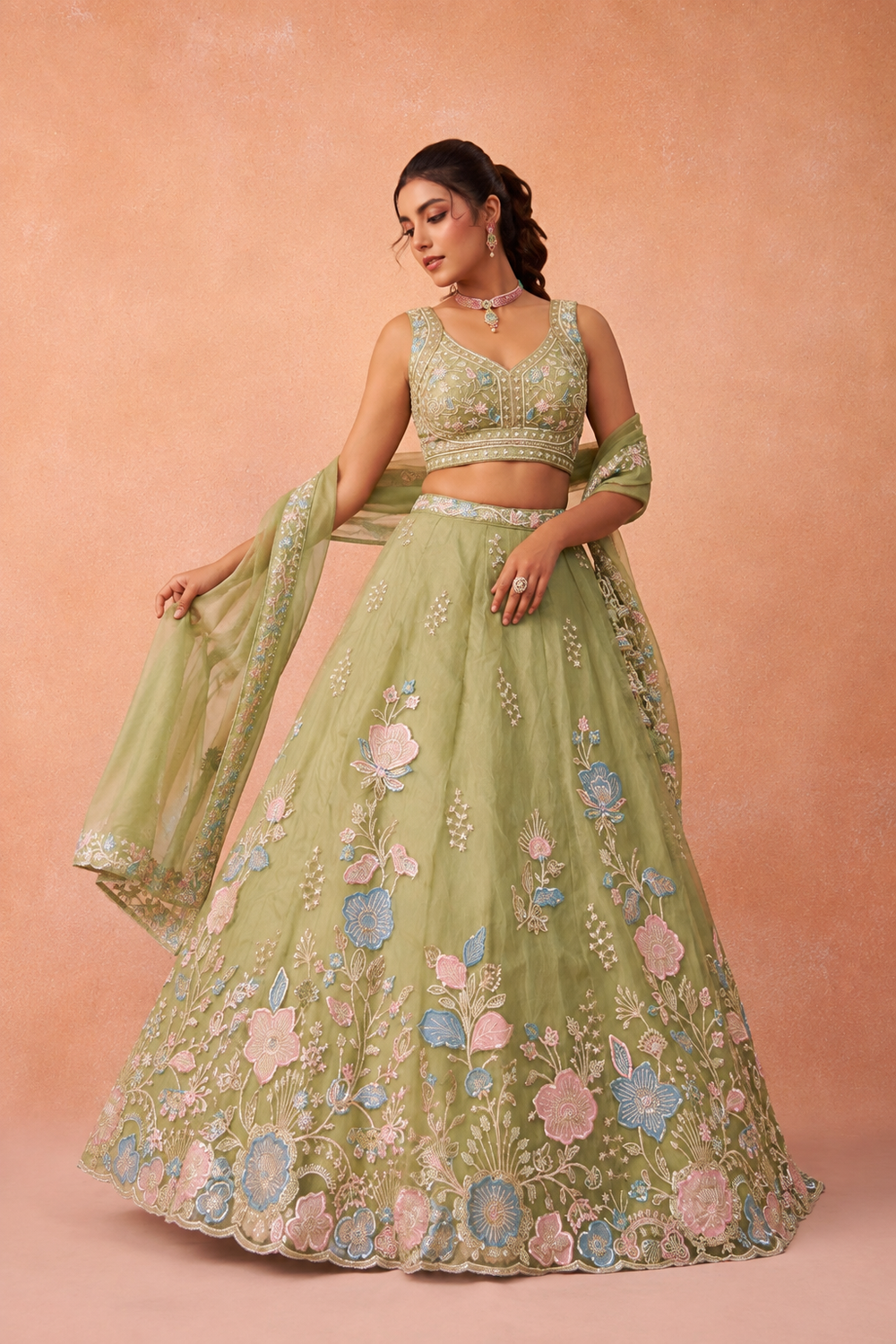 Floral Sequins with Beads Floral Embroidery Lehenga