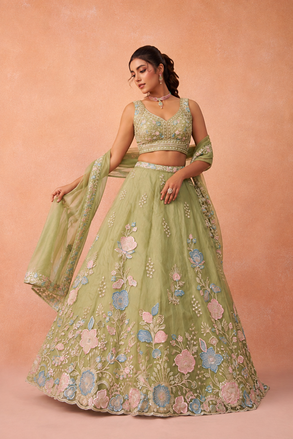 Floral Sequins with Beads Floral Embroidery Lehenga