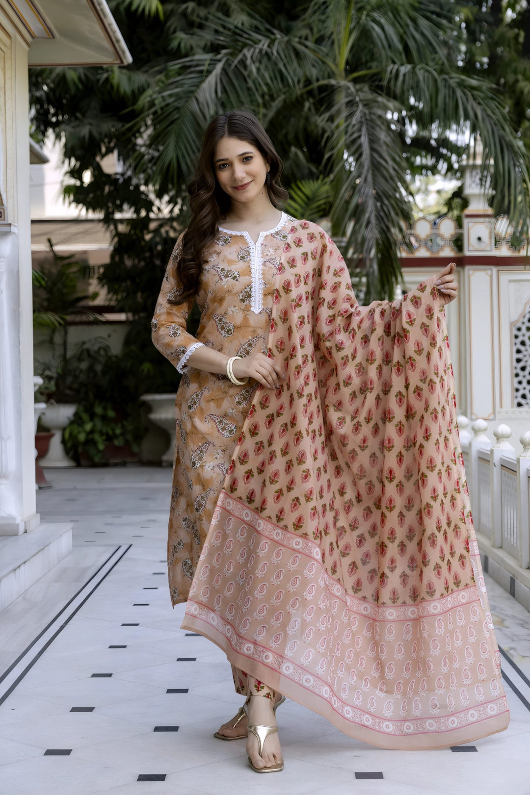 Peach Floral Print Work Salwar Set