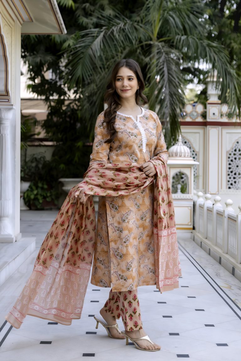 Peach Floral Print Work Salwar Set