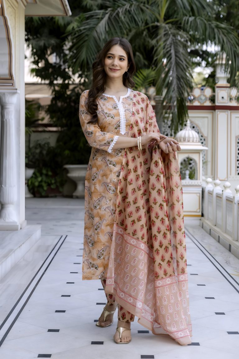 Peach Floral Print Work Salwar Set