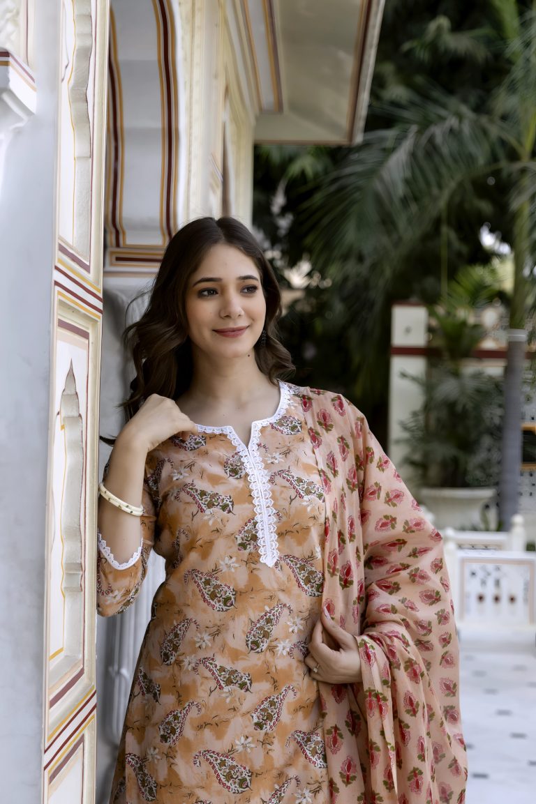 Peach Floral Print Work Salwar Set