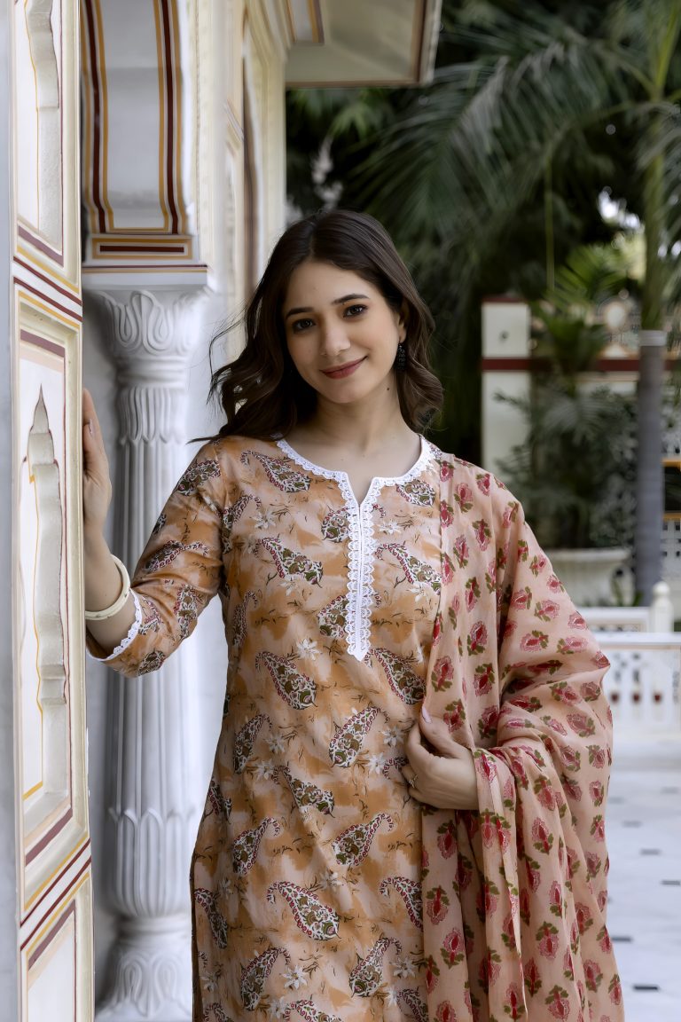 Peach Floral Print Work Salwar Set