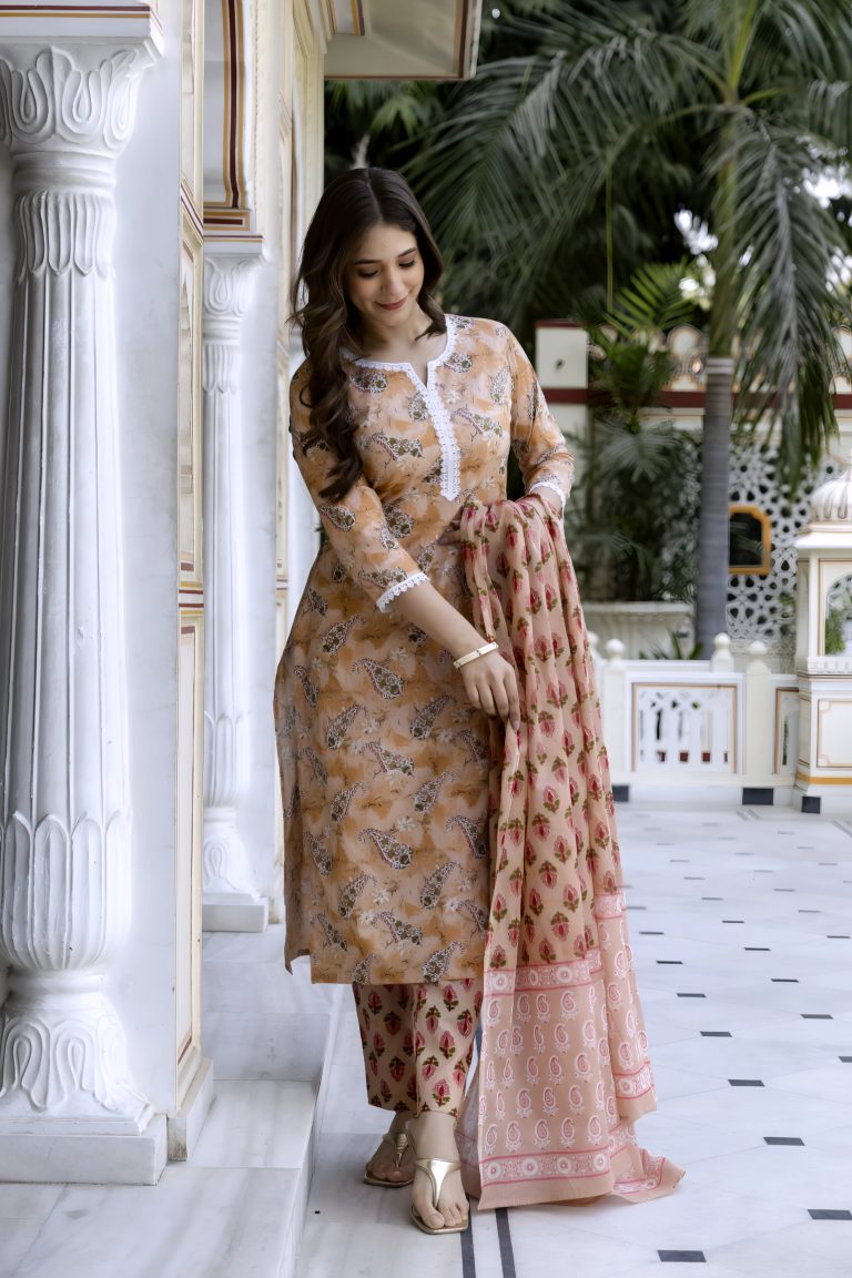 Peach Floral Print Work Salwar Set