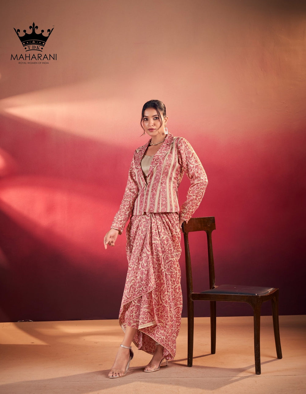 Peach Pink All Over Print Work Silk Co-Ord Set