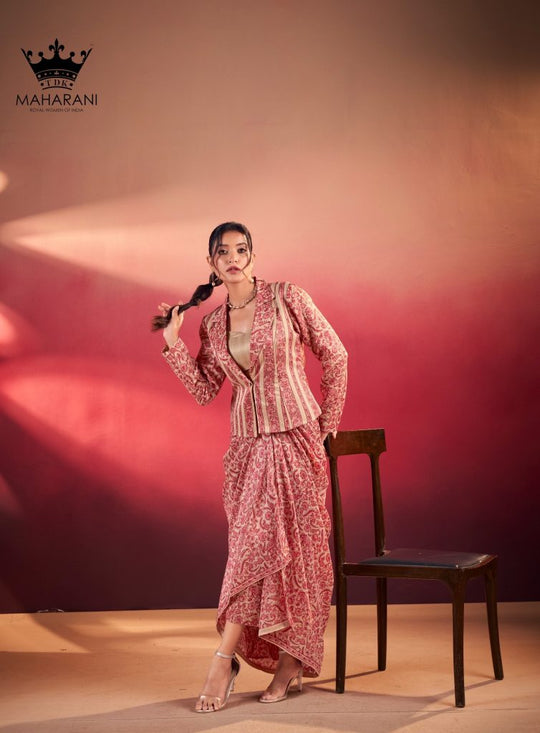 Peach Pink All Over Print Work Silk Co-Ord Set