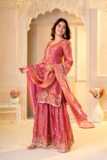 Peach Pink Zari Embroidery With Sequence Work Sharara Set