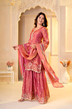 Peach Pink Zari Embroidery With Sequence Work Sharara Set