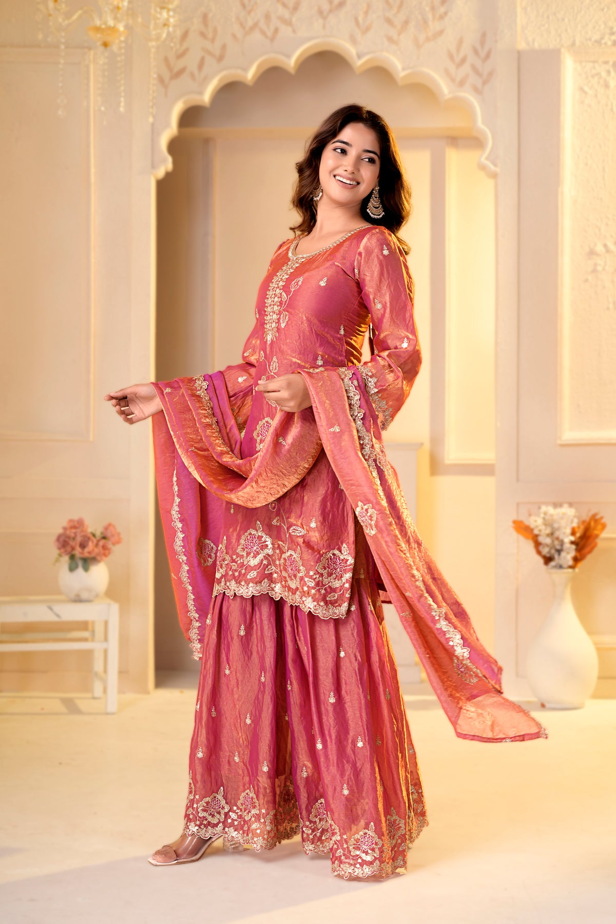 Peach Pink Zari Embroidery With Sequence Work Sharara Set