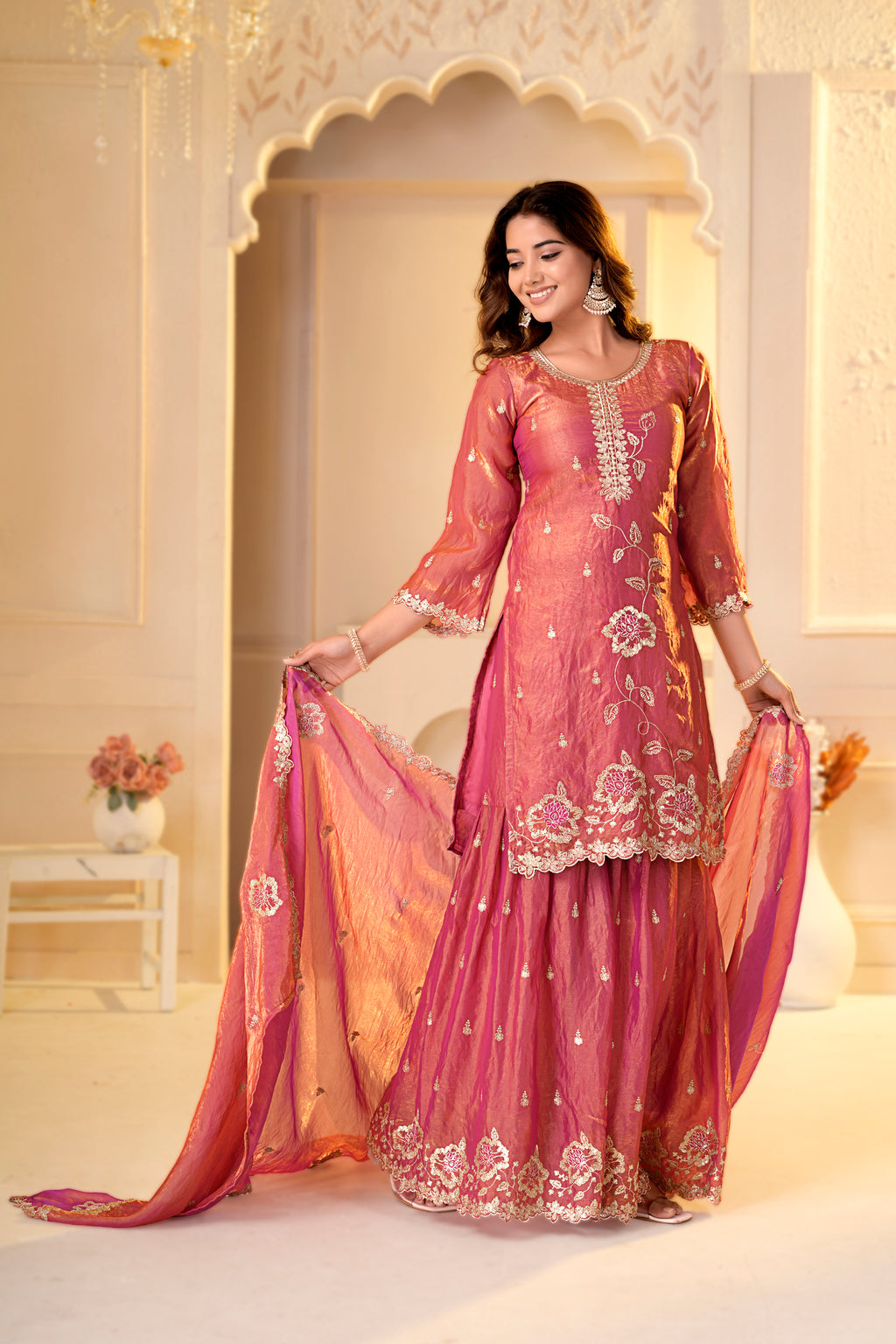 Peach Pink Zari Embroidery With Sequence Work Sharara Set