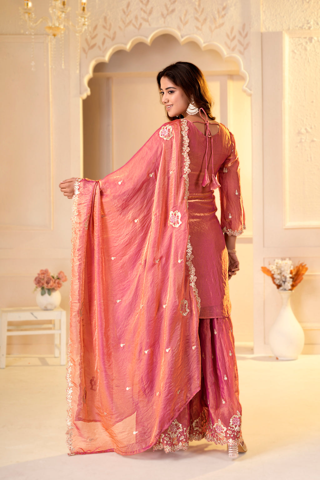 Peach Pink Zari Embroidery With Sequence Work Sharara Set