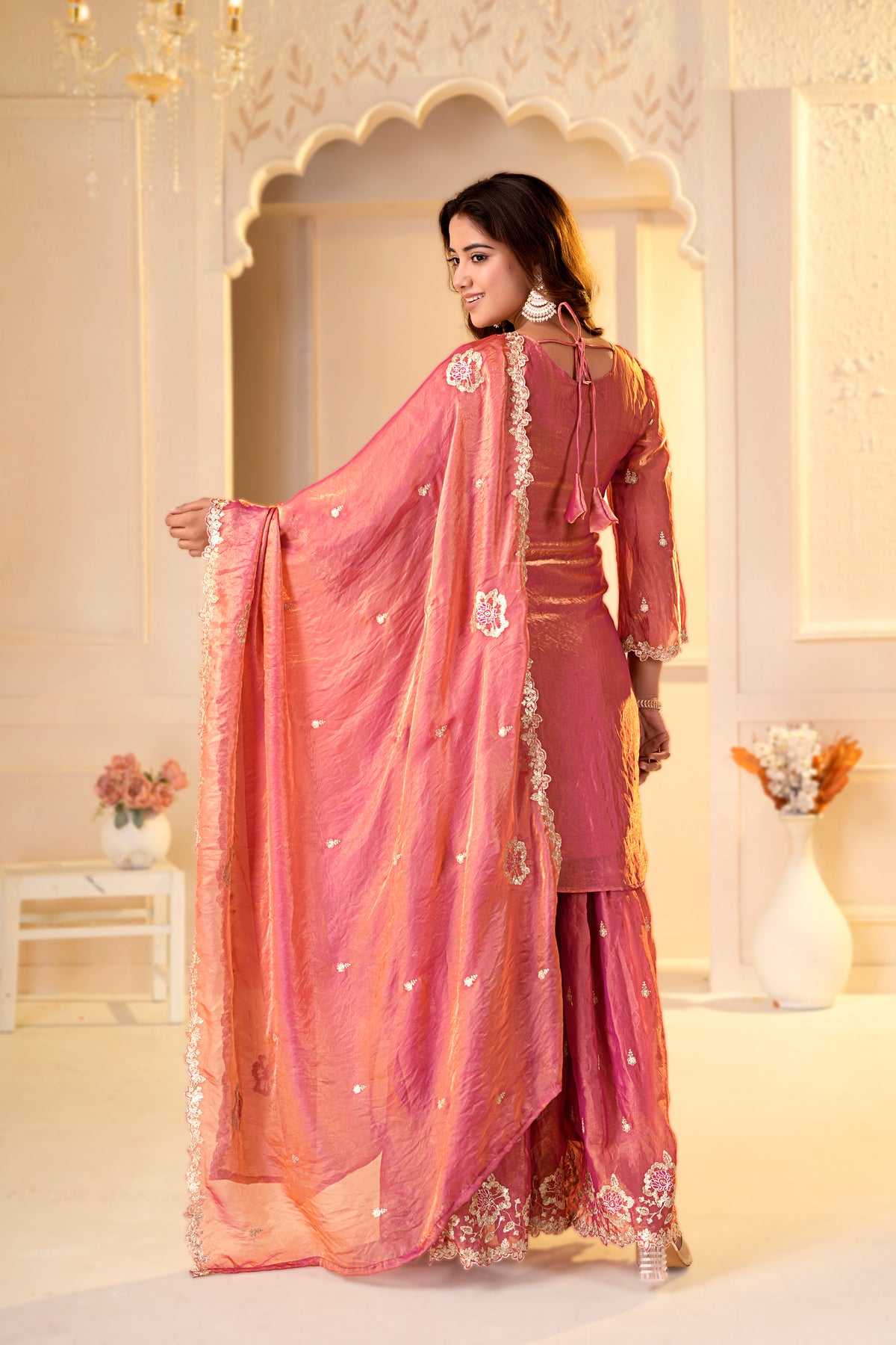 Peach Pink Zari Embroidery With Sequence Work Sharara Set