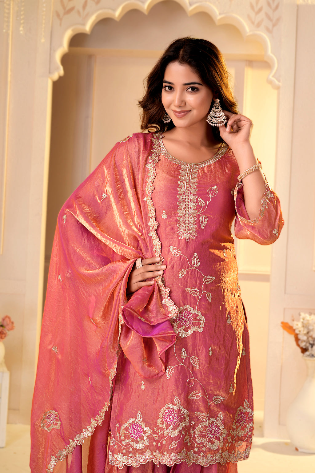 Peach Pink Zari Embroidery With Sequence Work Sharara Set
