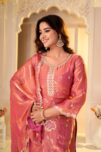 Peach Pink Zari Embroidery With Sequence Work Sharara Set