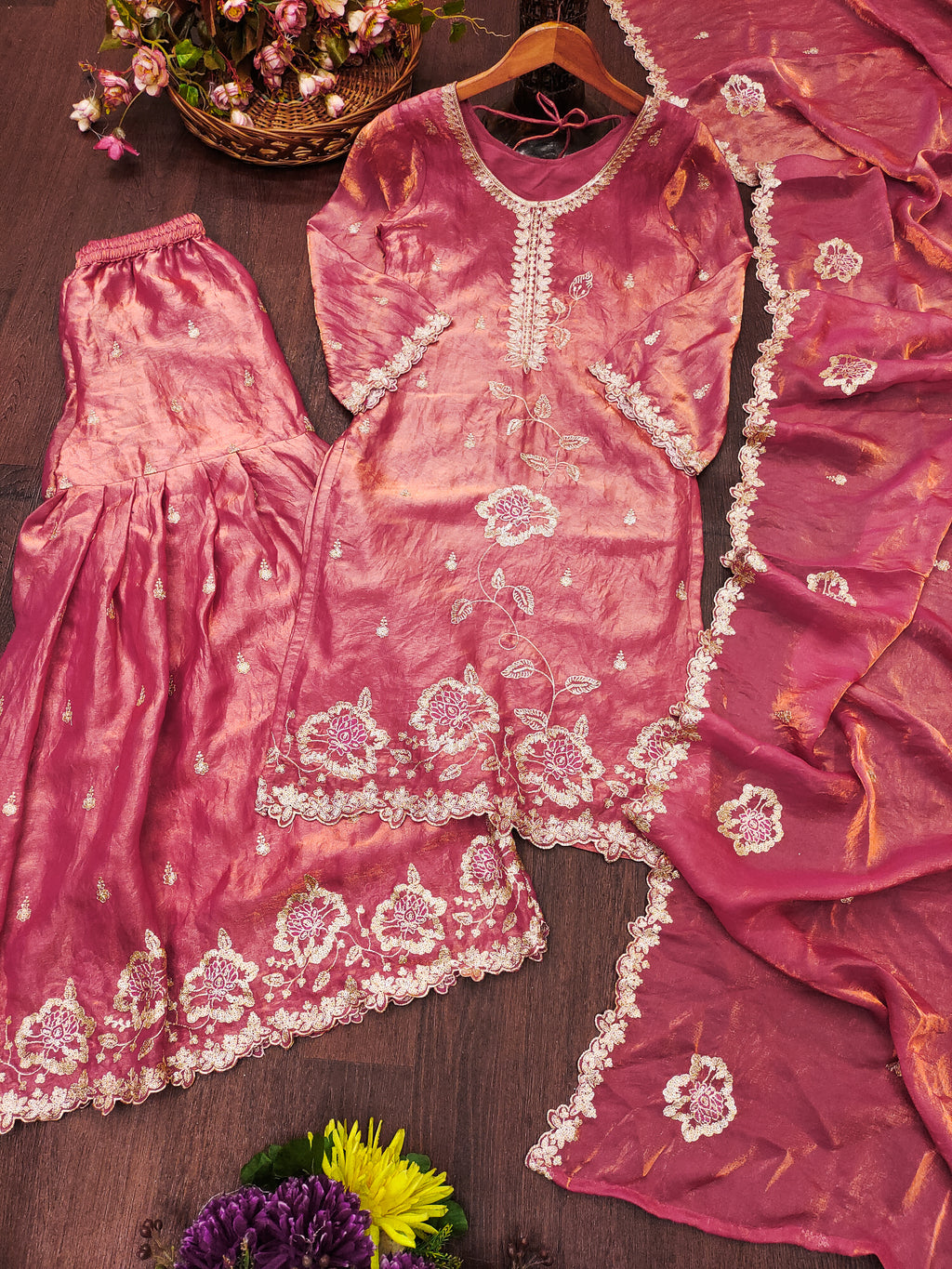 Peach Pink Zari Embroidery With Sequence Work Sharara Set