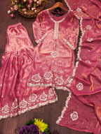 Peach Pink Zari Embroidery With Sequence Work Sharara Set