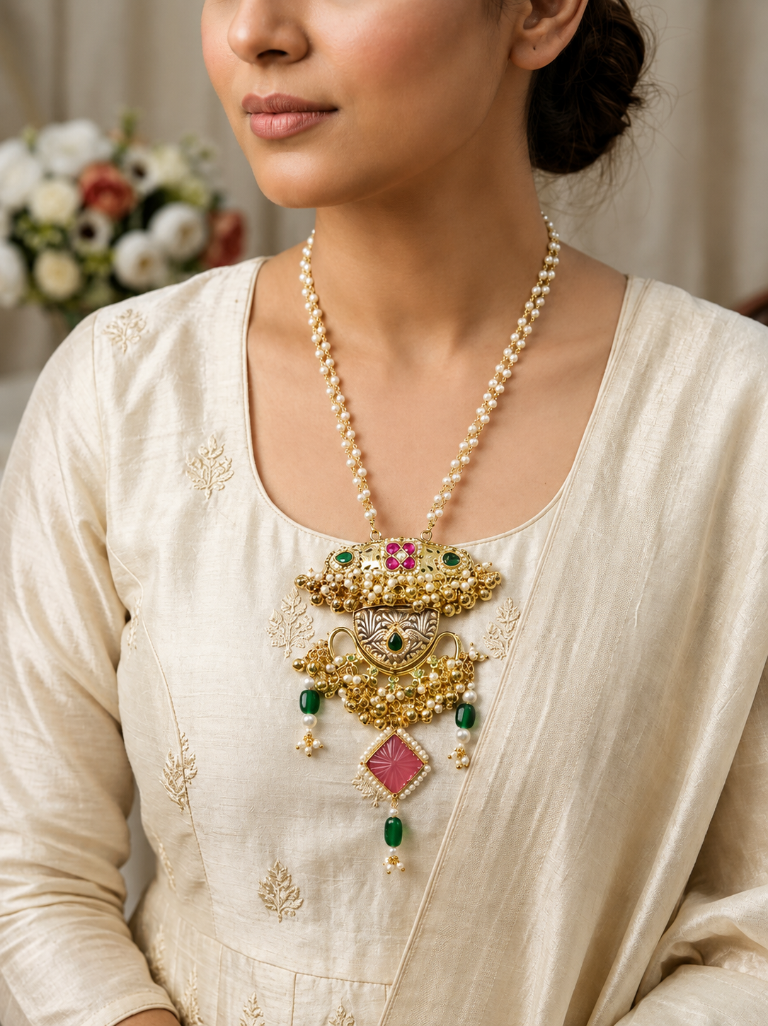 Pink & Green Handmade Gold Plated Brass Fusion Necklace