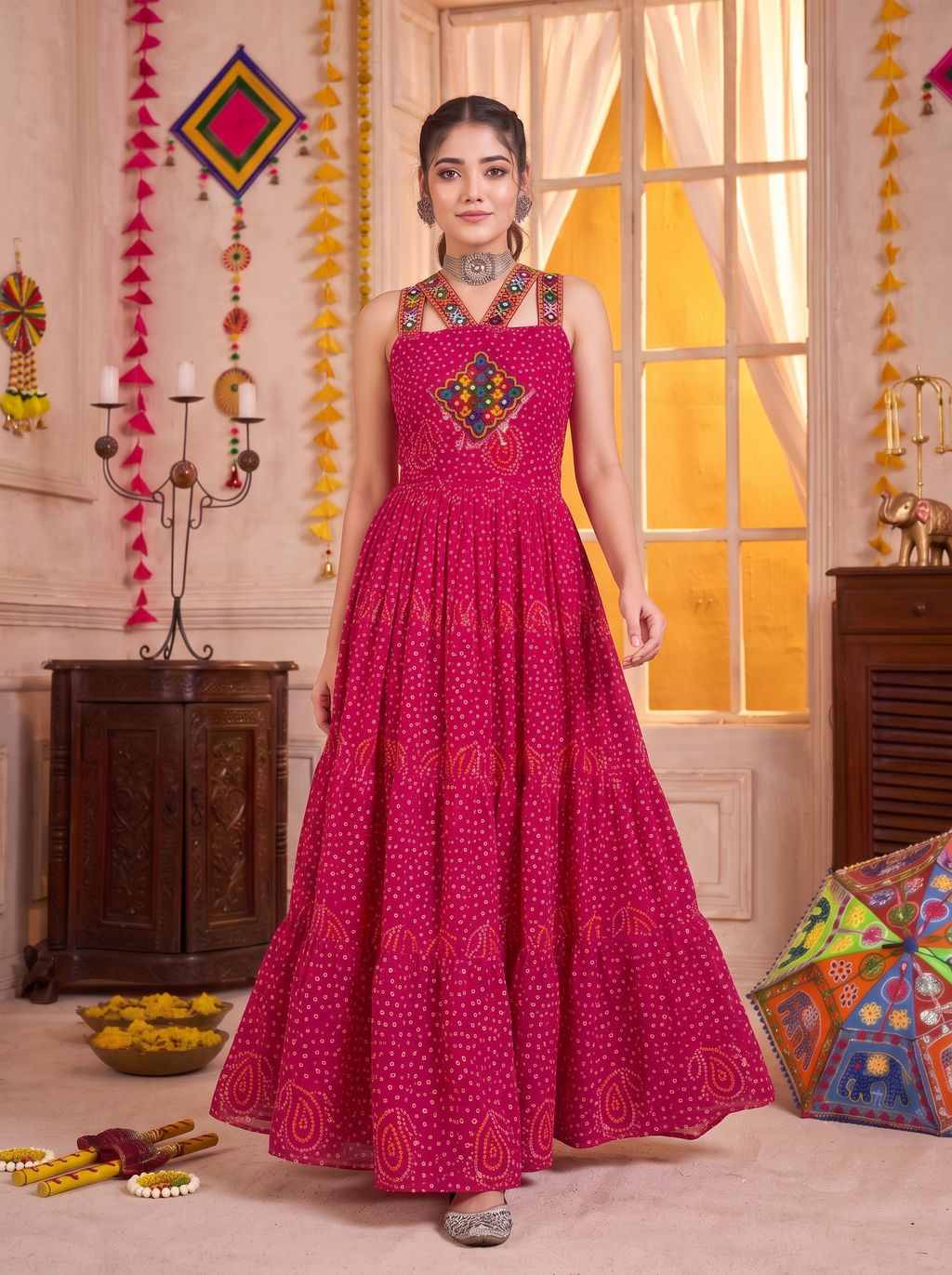 Pink Georgette Bandhani Gown with Gamathi Mirror Work & Codi Lace