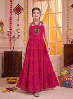Pink Georgette Bandhani Gown with Gamathi Mirror Work & Codi Lace