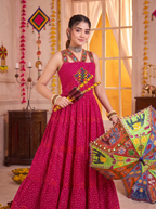 Pink Georgette Bandhani Gown with Gamathi Mirror Work & Codi Lace