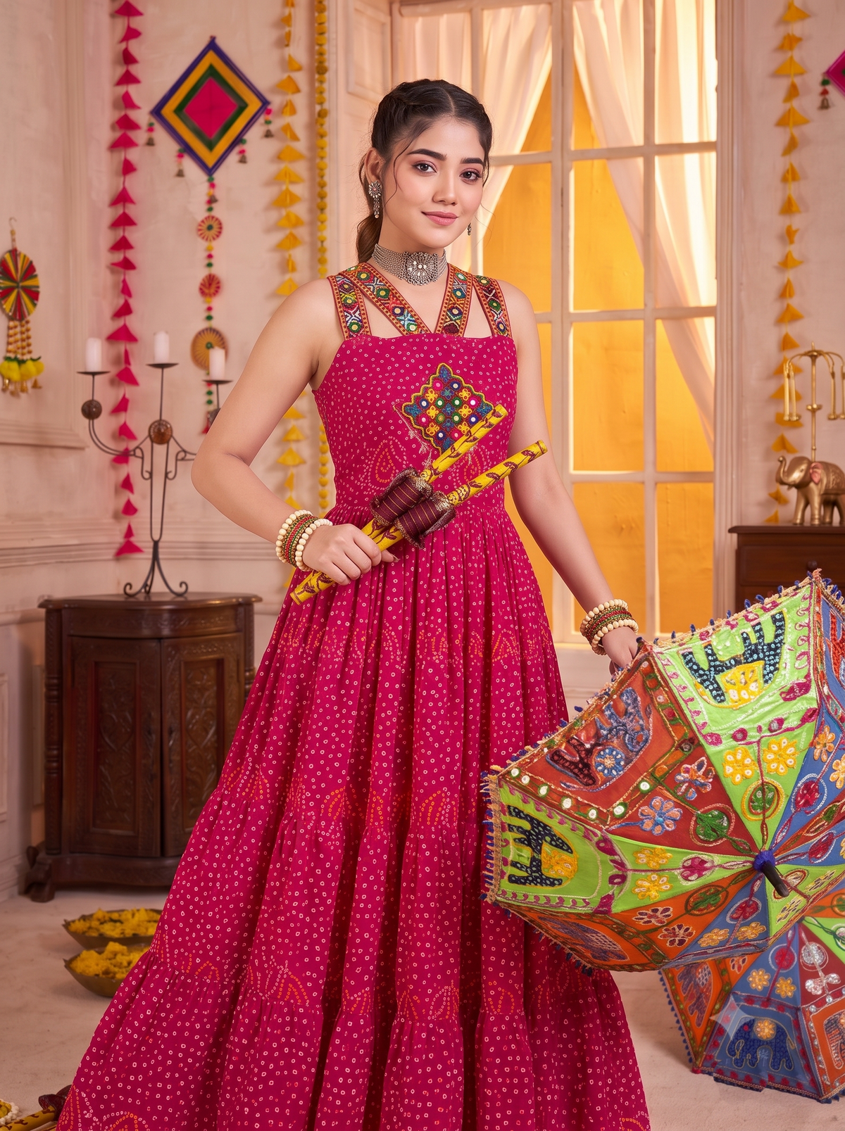 Pink Georgette Bandhani Gown with Gamathi Mirror Work & Codi Lace