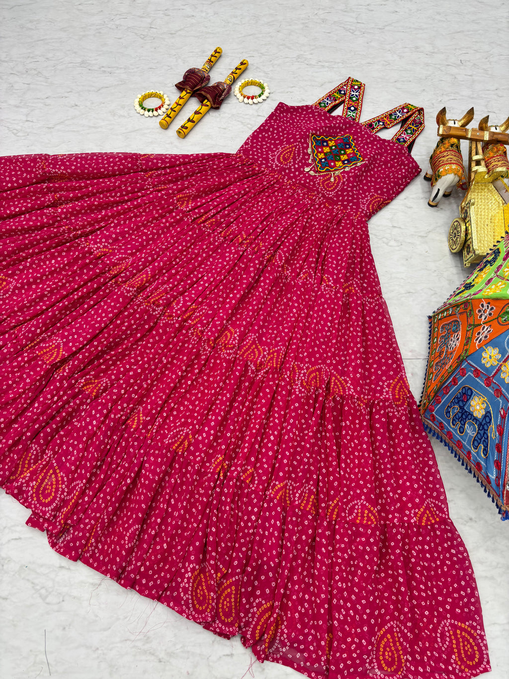 Pink Georgette Bandhani Gown with Gamathi Mirror Work & Codi Lace