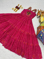 Pink Georgette Bandhani Gown with Gamathi Mirror Work & Codi Lace