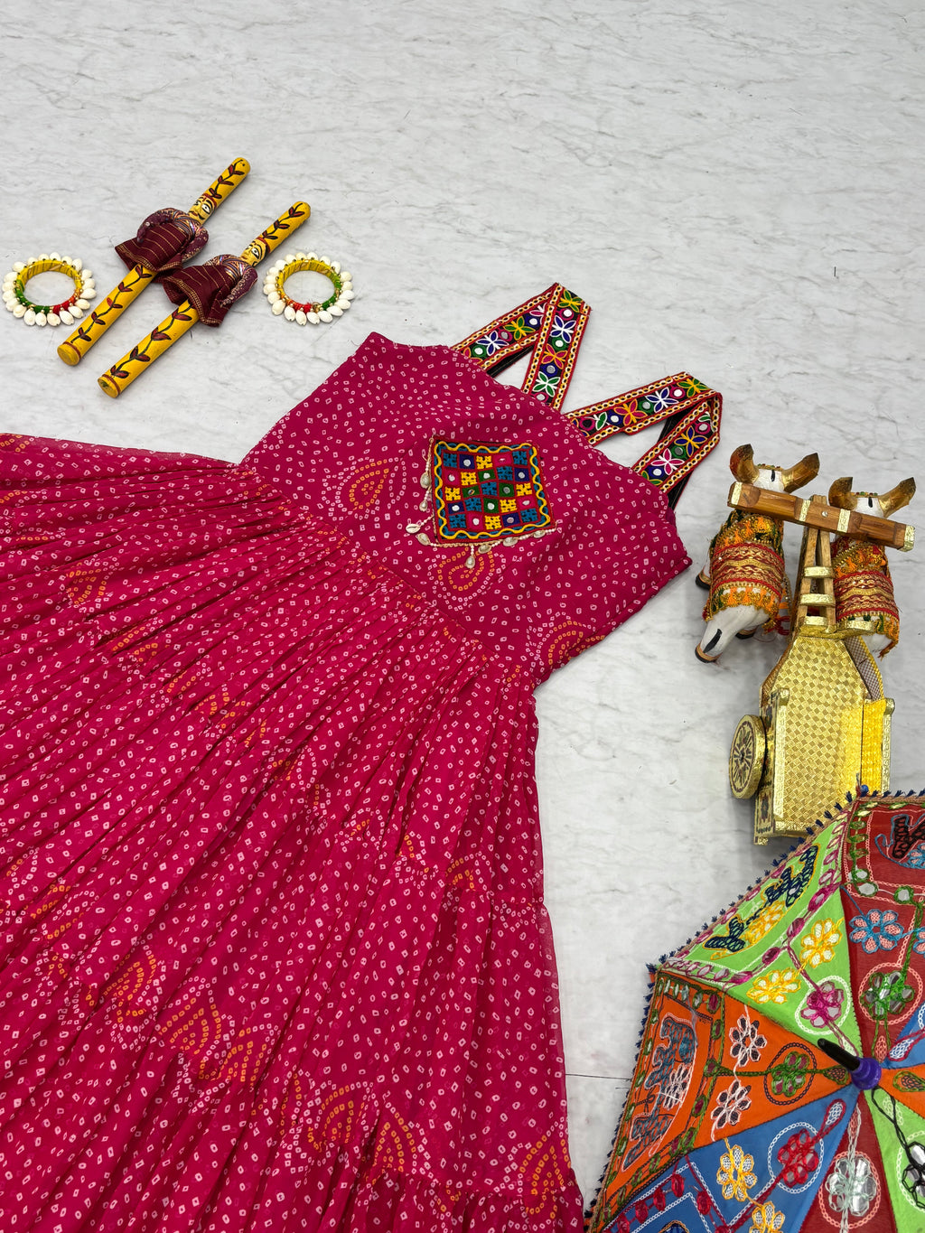 Pink Georgette Bandhani Gown with Gamathi Mirror Work & Codi Lace