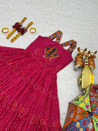 Pink Georgette Bandhani Gown with Gamathi Mirror Work & Codi Lace