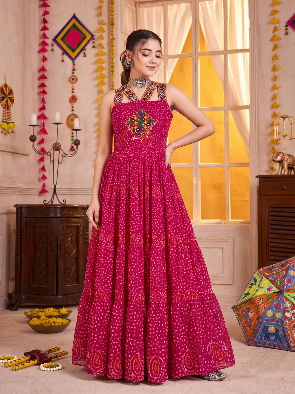 Pink Georgette Bandhani Gown with Gamathi Mirror Work & Codi Lace