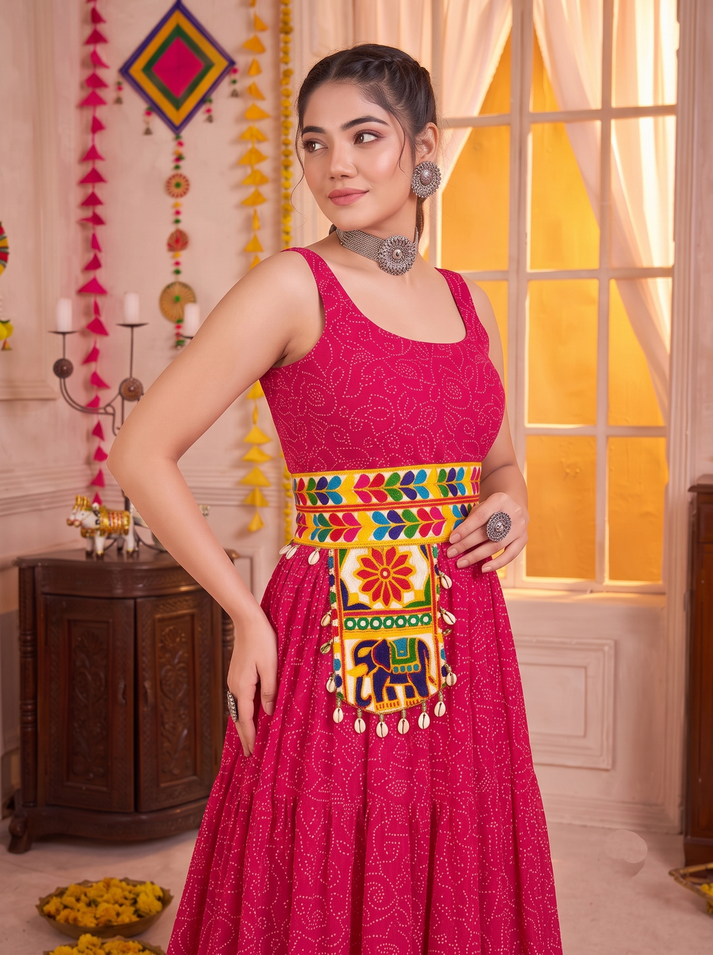 Pink Georgette Bandhani Gown with Gamathi Work & Traditional Embellishments