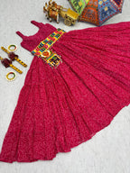 Pink Georgette Bandhani Gown with Gamathi Work & Traditional Embellishments