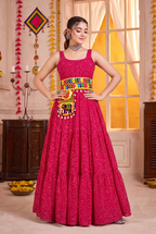 Pink Georgette Bandhani Gown with Gamathi Work & Traditional Embellishments